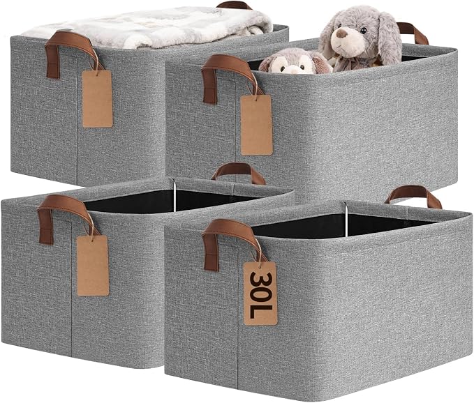 CHICVITA 4 Pack Large Storage Baskets for Shelves, Foldable Storage Bins for Clothes Towels Organization, Toy Organizer Bins for Nursery, Living Room, 16.8" x 11" x 9.8", Gray by CHICVITA