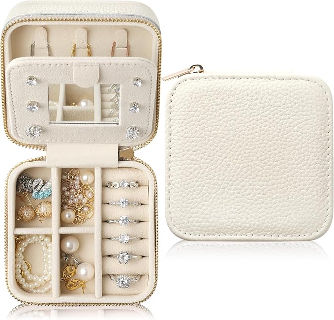 Genuine Leather Travel Jewelry Case Organizer with Mirror for Women, Small Jewelry Box Portable Mini Jewelry Case for Earring, Ring, Necklace, Bracelet（Lychee Grain Ivory White） by NGVRC