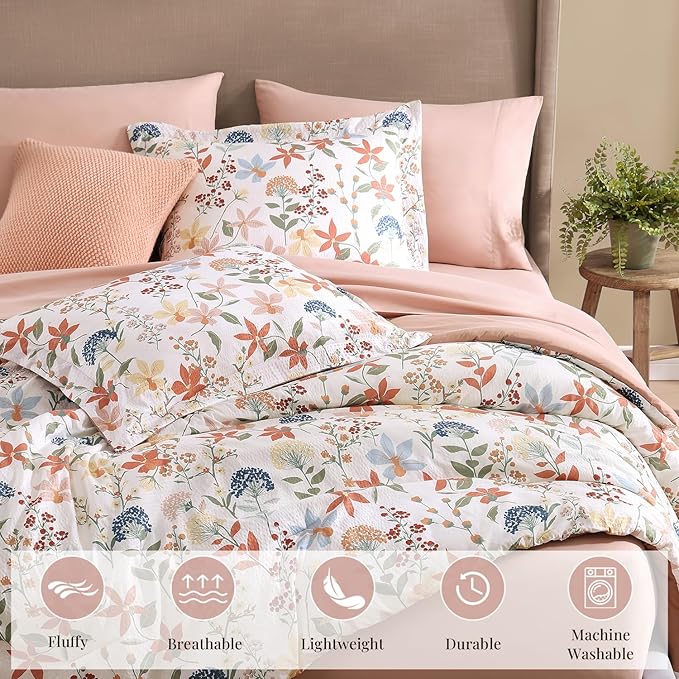 CASAAGUSTO Queen Comforter Set, 7 PCS Clay Pink Floral Comforter Set with Flowers Leaves Pattern, Soft Seersucker Design All Season Queen Size Bedding Set(90"X90")