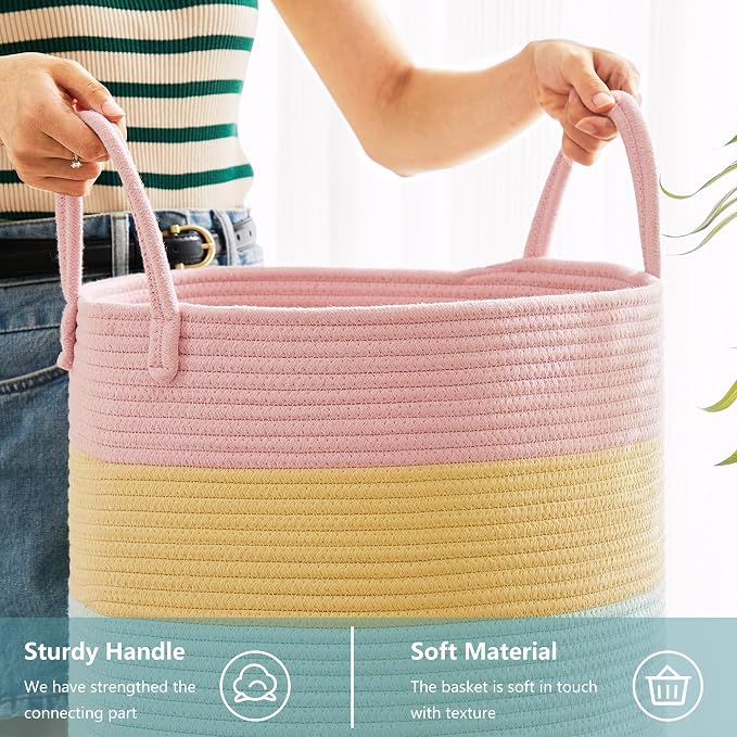 60L Laundry Hamper Basket for Baby Girls and Kids, Pastel Rainbow Unicorn Design, Woven Rope Nursery Basket for Blankets Toys in Playroom, 15Dx20H Inches Large Bedroom Hamper for Clothes - Image 5