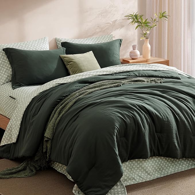 Monbix Super King Plus Size Comforter Set - 7 Pieces Deep Forest Prewashed Bed in a Bag Bedding Sets with Comforters, All Seasons Ultra Soft Comforter Bed Set with Sheets, Pillowcases & Shams