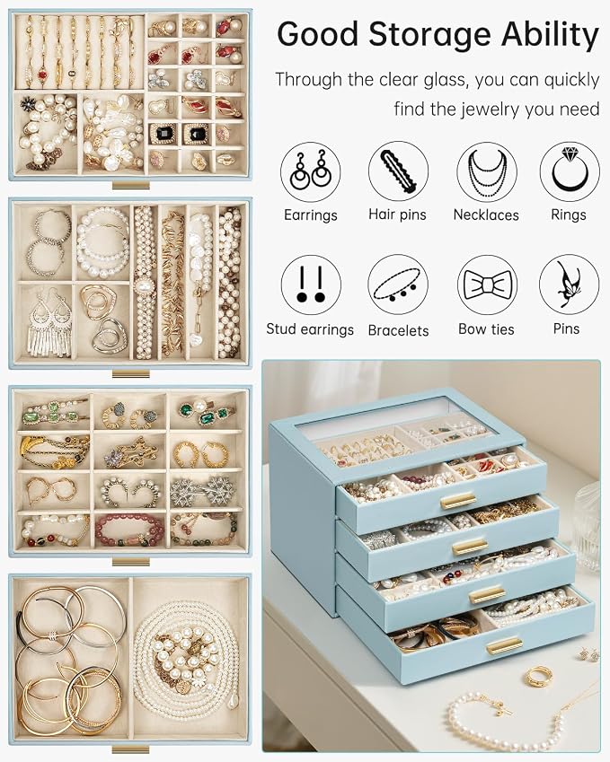 AKOZLIN Jewelry Box with Clear Lid Functional Leather Jewelry Storage Organizer Case 4 Drawers for Women Girls Necklace Ring Bracelet Earring BlueGrey - Image 3
