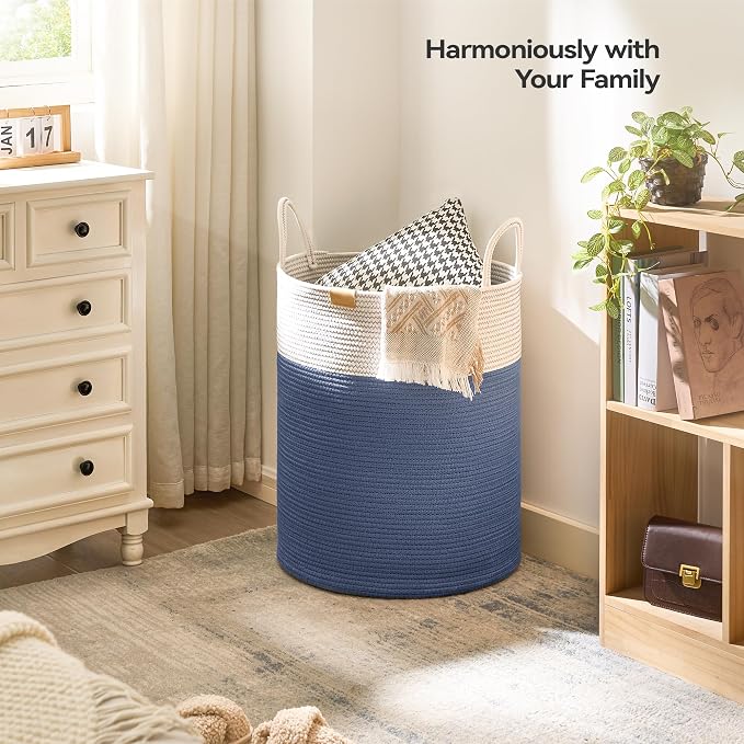 Nunsino Laundry Hamper 95L,Large Laundry Basket for Clothes,Decorative Storage Basket for Blankets,Cotton Rope Woven basket for bedroom,Navy Blue - Image 2