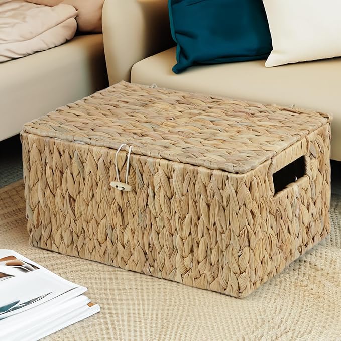 ORDELITE Large Wicker Basket with Lid, Rectangular Water Hyacinth Storage Baskets for Organizing, Woven Basket for Storage, Decorative Boxes Bins with Lids Home Organizer Decor - Image 6