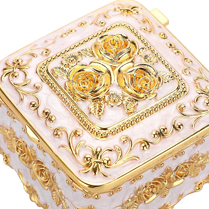 Hipiwe Vintage Jewelry Box Trinket Organizer Enameled Metal Treasure Chest Ring Holder Earrings Storage Case Decorative Keepsake Box Gift for Women, Small 3"x3"x2.4" - Image 6