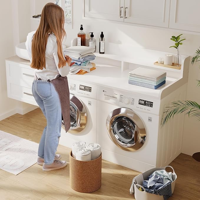 2-Tier Washer Dryer Countertop with 2.75" H Edge Rails, 58" W x 28" D Laundry Countertop for Folding Clothes, Washer and Dryer Topper with Non-Slip Pad (White) - Image 3