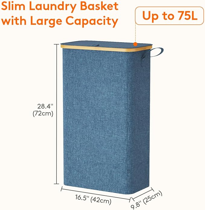 Lifewit 75L Slim Laundry Hamper with Lid, Narrow Laundry Basket with Removable Bag & Bamboo Handles, Fodable Thin Dirty Clothes Hamper for Laundry Collapsible Bin for Bathroom Bedroom Dorm, Dark Blue - Image 3