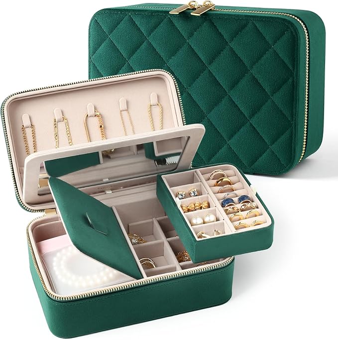 Velvet Travel Jewelry Box with Large Mirror, Double-Layer Jewelry Organizer Case for Women and Girls, Portable Storage Case with 6 Anti-Tarnish Bags Gift Ready for Her (Emerald Green) by Lumayina