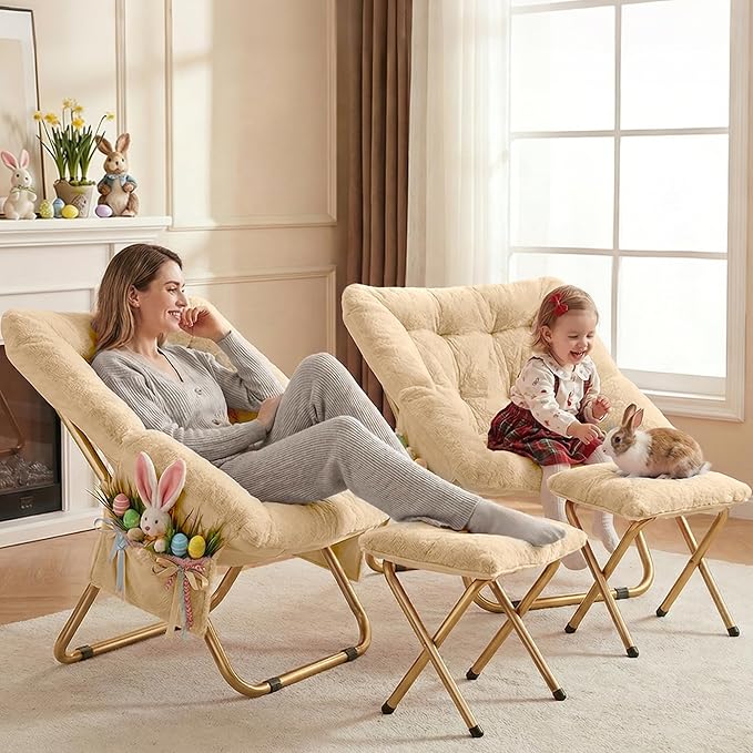 Kasunpul Comfy Saucer Chair, Foldable Living Room Chairs, Soft Faux Fur Lounge Chair for Bedroom, Reading Chairs for Adults, Teens, X-Large (Beige)
