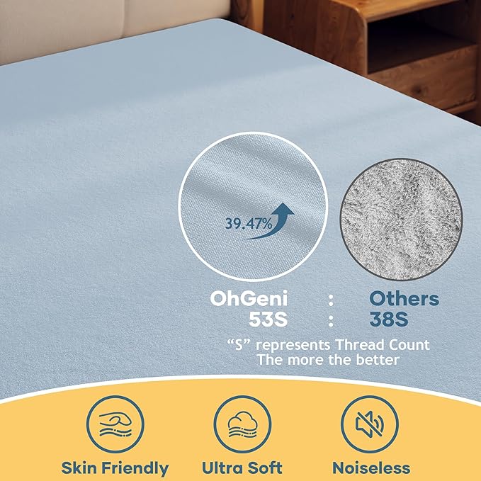 OhGeni 100% Waterproof Mattress Protector, Queen Size Blue, Fitted Sheet with Deep Pockets, 6''-18'', Premium Noiseless Breathable Soft Material, Mattresses Cover for Bed