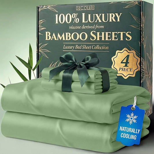 DECOLURE 100% Viscose Derived from Bamboo Sheets Twin Size - Luxury 4 Pc Naturally Cooling Sheets, Ultra Soft Bed Set - Deep 17" Pockets, Durable Double Stitching, Oeko Tex Standard (Sage Green)