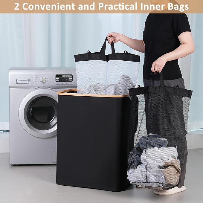 iEGrow 150L Laundry Basket with Lid,Large Laundry Hamper with Bamboo Handles, Hampers for Laundry, Dirty Clothes Hamper with 2 Removable Inner Bags for Clothes Toys Towels,Black - Image 4