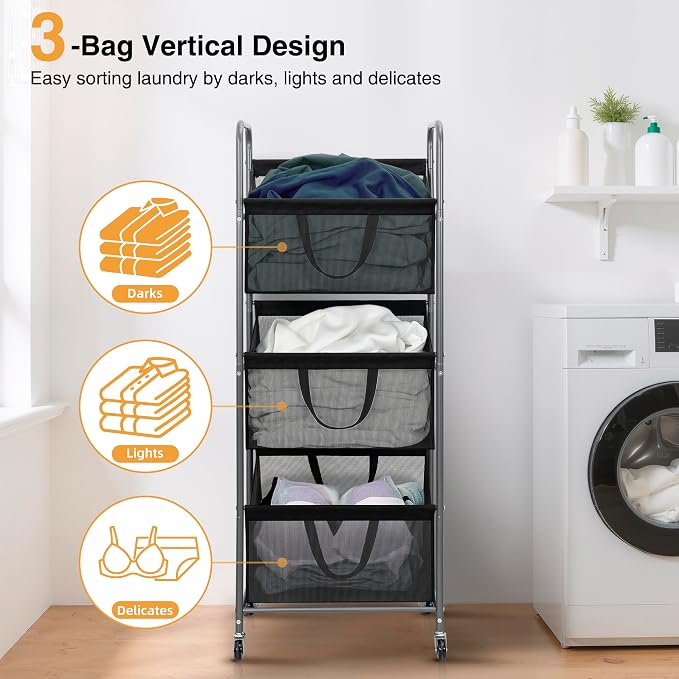 STO STO 3-Tier Vertical Rolling Laundry Hamper with Removable Bags, 120L Stackable Laundry Sorter Basket, Clothes Hamper with Wheels for Small Spaces, Closet, Bedroom, Bathroom, Laundry Room, Black - Image 6