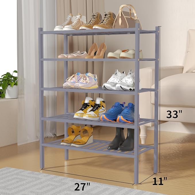 ROMGUAR CRAFT 5 Tier Bamboo Shoe Rack for Closet Free Standing Wood Shoe Shelf for Entryway Small Space Stackable 27"x11"x33" (Grey) - Image 3