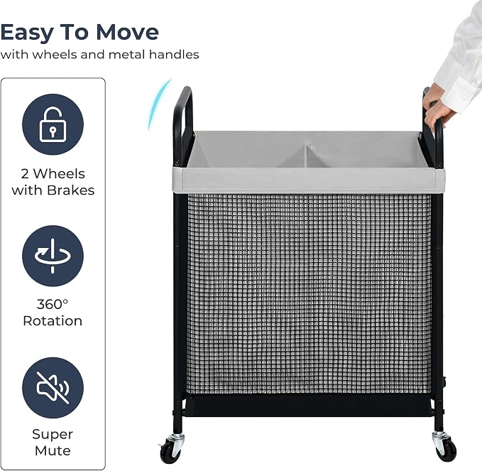 STO STO Laundry Hamper 2 Section, 100L Rolling Laundry Sorter Cart with Removable and Washable Liner Bag, Clothes Hamper with Wheels and Metal Handle for Laundry Room and Bedroom, Gray - Image 7