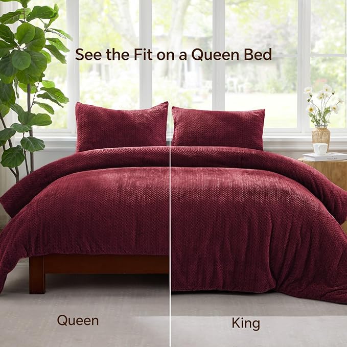 Flannel Fleece Full Comforter Set - Furry Burgundy Leaves Pattern Faux Fur Bed Set, Winter Ultra Soft Fuzzy Comfort Set, Velvet Bedding Set for Bed with 2 Pillow Cases