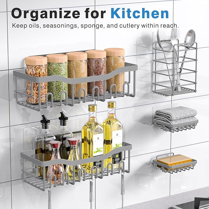 EUDELE 5-Pack Rustproof Stainless Steel Shower Caddy – No Drill Adhesive Bathroom Organizer with Large Capacity, Spacious Shower Shelves for Inside Shower, Kitchen & Home Decor Storage-XL Size - Image 6