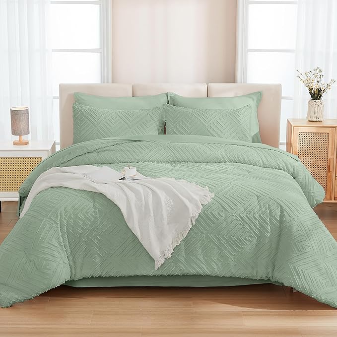 Andency Queen Comforter Set 7 Piece Sage Green - Bed in a Bag Queen Boho Lightweight Fluffy Tufted Bedding Sets with Comforter, Sheets, Pillowcases & Shams