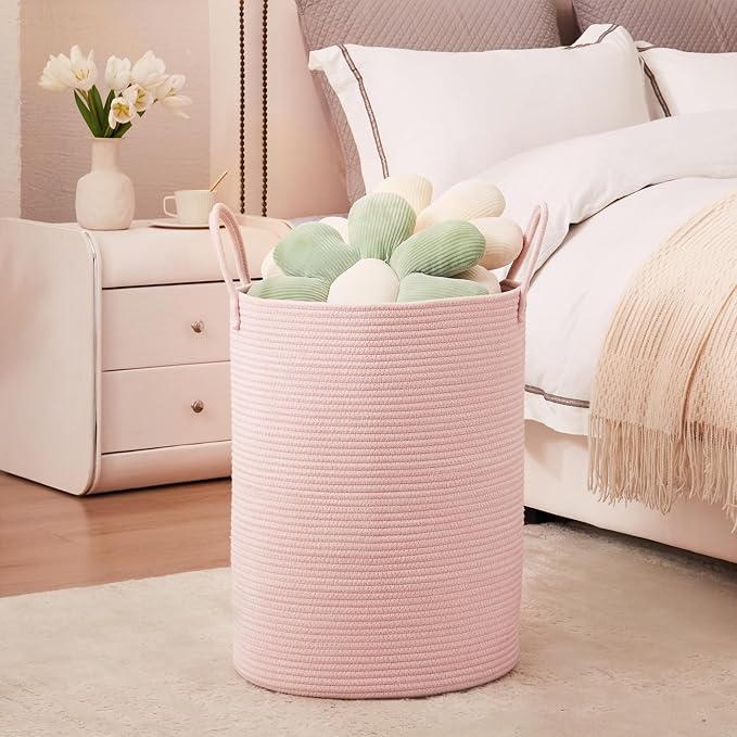 Large Pink Laundry Basket 15x20 Inches, 60L Woven Rope Hamper for Baby Girls and Kids, Tall Nursery Storage Bin, Kawaii Bedroom Laundry Hamper - Image 4