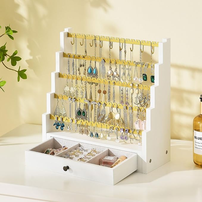 Pinzoveco Earring Organizer, 5 Layer Earring Holder Organizer with Metal Necklace Holder Pole, Rustic Wood Jewelry Organizer Stand Display for Stud Earring Bracelet Necklace Ring, 175 Earring Holes - Image 2