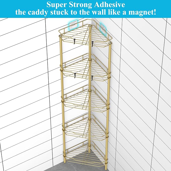 HuggieGems 5 Tier Floor Standing Corner Shower Caddy Organizer Shelf with Hooks, Bathroom Shelves Stand Rack, Gold - Image 2