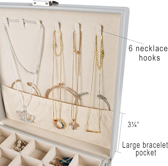 Frebeauty Earring Organizer Classic Jewelry Box 50 Slots Double Layer Jewelry Storage Case with 6 Necklace Hook and Bracelet Pocket(Grey) - Image 3