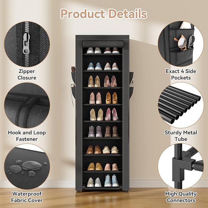 LANTEFUL Narrow Shoe Rack with Cover 10 Tier Tall Shoe Rack Organizer Large Capacity Shoe Shelf Storage 18-22 Pairs Space Saving Free Standing Shoe Storage Organizer for Closet, Entryway, Dorm, Black - Image 4