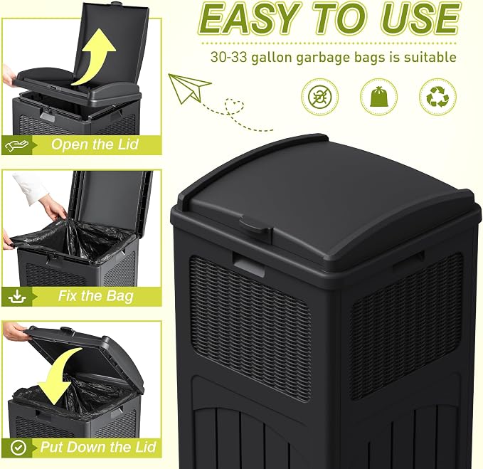 Greesum 33 Gallon Outdoor Trash Can with Lid, Waterproof Resin Garbage Bin for Hideaway, Deck, Patio, 3 Pack, Black - Image 2