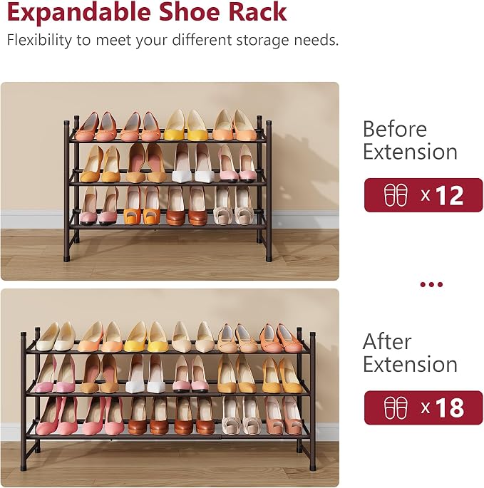 Tajsoon 3 Tier Expandable Shoe Rack for Closet, 28“-41“Adjustable & Stackable Shoe Shelf Storage, Metal Shoe Rack Organizer for Front Door Entrance, Closet, Garage, Entryway, Bronze - Image 7