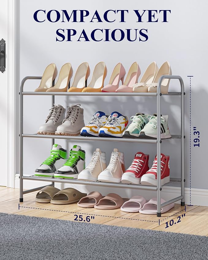 Kitsure Shoe Rack - Stainless Steel Shoe Organizer, Sturdy Shoe Rack for Closet and Front Door Entrance, Free Standing Shoe Shelf, Closet Organizers and Storage, 25.6" Wide - 3 Tier, Grey - Image 2