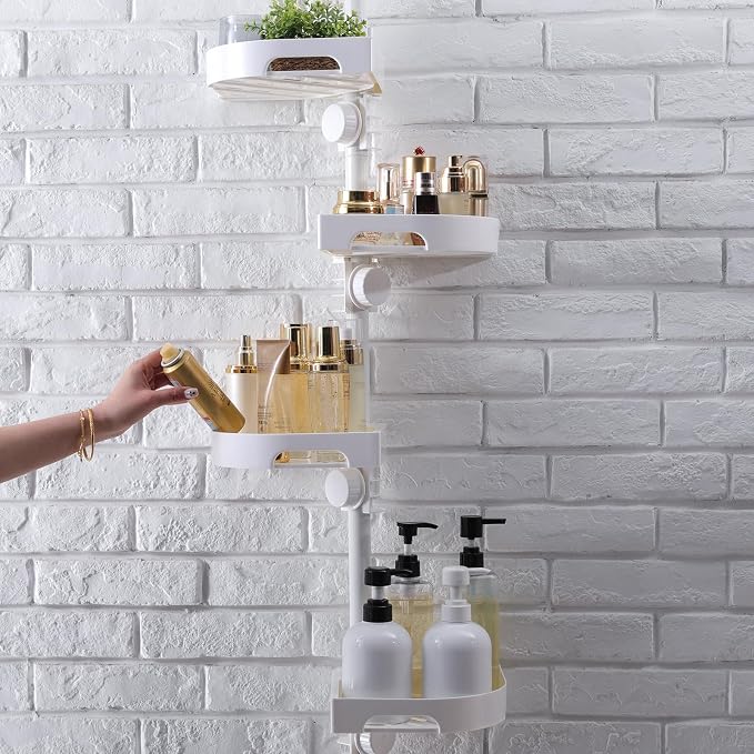 shuang qing 4-Tier Corner Shower Caddy Tension Pole Organizer - Adjustable Rustproof Metal Tension Pole, Plastic Shelves with Safety Guardrail, Bathroom Storage for Shower & Bathtub(White) by SHUANGQING