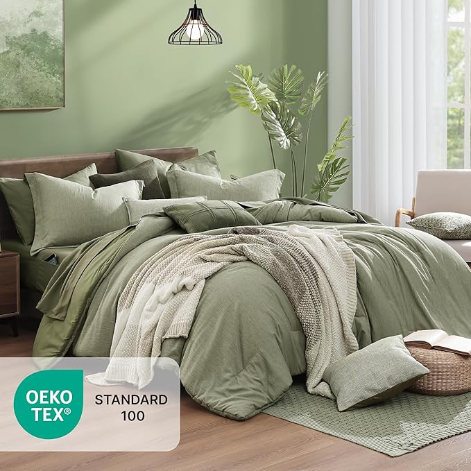 Monbix California King Comforter Set - 7 Pieces Cationic Dyeing Sage Green Bed in a Bag Cal King Bed Sets with Comforter, Sheets, Pillowcases & Shams, Reversible Bedding Comforters Sets