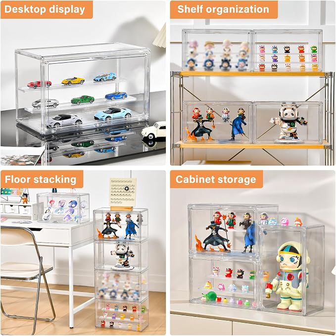 Freebat Clear Acrylic Display Case for Collectibles - 3-Tier Adjustable Figure Display with Magnetic Door & Removable Shelves,Stackable Dispaly box for Figures - 2 Pack - Image 5
