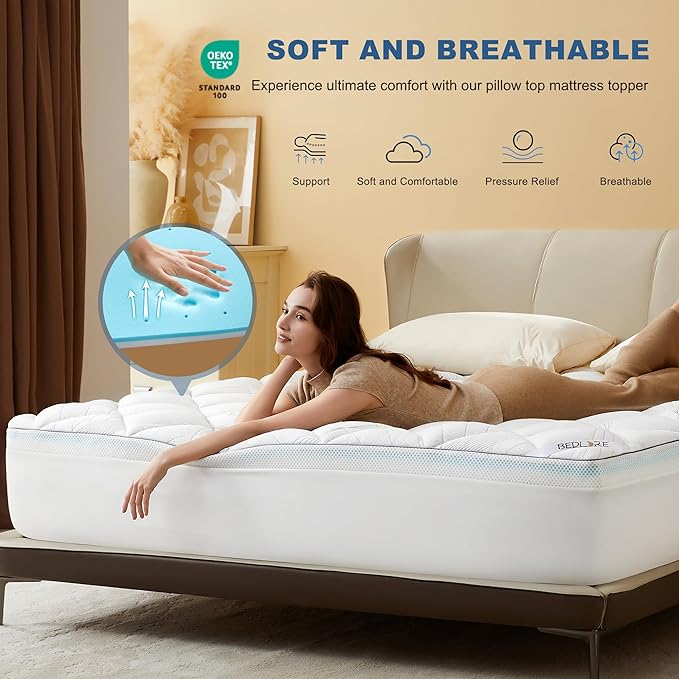 Bedlore 4-Inch Queen Mattress Topper for Back Pain - Dual Layer Medium Support (2" Gel Memory Foam + 2" Cooling Fluffy Pillow Top Pad), Breathable & Pressure Relief (White)