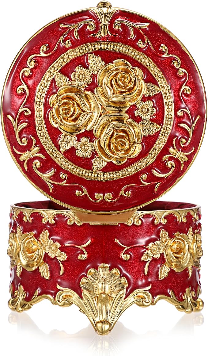 Hipiwe Vintage Metal Jewelry Box - Small Trinket Organizer Ring Box Case with Rose Pattern Jewelry Storage Box for Ring Earrings Necklace, Keepsake Box for Women,Red - Image 6