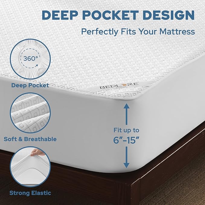 BEDLORE Waterproof Twin XL Mattress Protector, Noiseless Mattress Cover with Stretchable Pockets for 6-15 inches Mattress, Soft Breathable Mattress Pad College Dorm Size for Back to School (White)