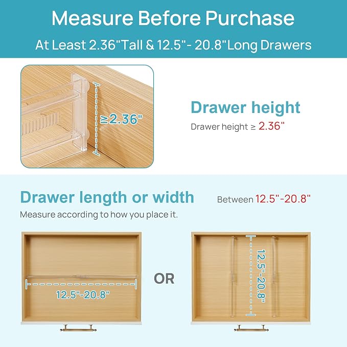 Vtopmart 4 Pack Shallow Drawer Dividers, 2.36" High 12.5"-20.8" Adjustable Expandable Kitchen Drawer Organizer, Clear Plastic Organizer Separators for Flatware, Utensil, Cutlery, Underwear, Clothes - Image 5