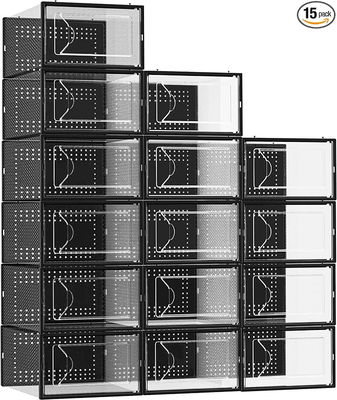 Foluck Shoe Storage Box, 15 Pack Clear Plastic Stackable Shoe Organizer for Closet, Interlocking Design for Sneakers, Foldable Shoes Container Rack with Lids, Black by Foluck