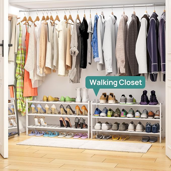 viewcare 3-Tier Long Shoe Rack, Bamboo Wood Shoe Rack for Closet, Entryway & Hallway, Stackable White Shoe Shelf Storage Organizer for Indoor Outdoor - Image 2