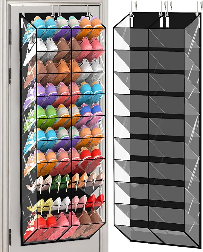 20-30 Pairs Over the Door Shoe Organizer, Transparent PVC Hanging Shoe Rack for Closet, 10-Tier Door Shoes Storage, Crystal-Clear Visibility Fit All the Family's Sneakers, Boots, Heels, Black Frame by UVIAHOMIHOMEORGANIZER