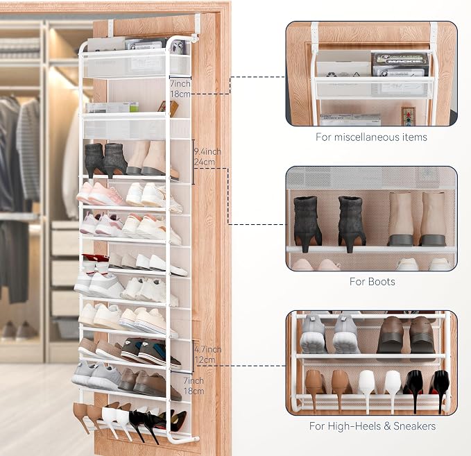 Whitmor 27 Pair Over The Door Shoe Organizer, 11 Tier Hanging Shoe Organizer, Heavy Duty Metal & Mesh Shoe Holder, Hanging Shoe Rack for Closet Organizer & Storage,74.8"L x 21.7"W x 7.5"H, White - Image 6