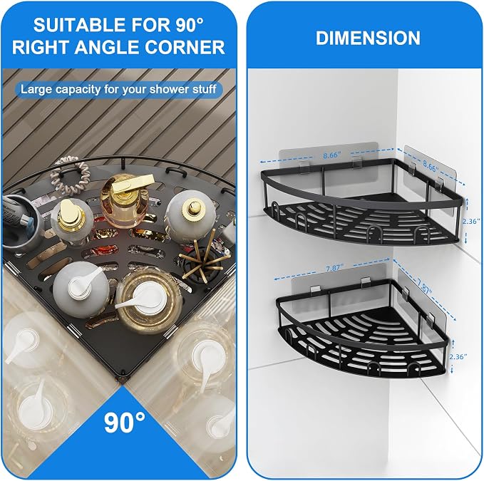 Corner Shower Caddy, 2 Pack Adhesive Bathroom Shower Corner Organizer Shelf, No Drilling Rustproof Wall Mounted Shower Storage Rack Shampoo Holder Organizer (Black) - Image 7