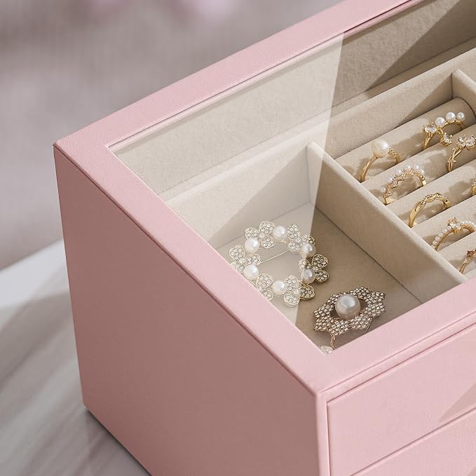 pickpiff Jewelry Box Organizer Case for Women: 3-Layer Jewelry Storage Case with Glass Window, Pink Leather with Velvet Holder for Ring Necklace Bracelet Brooch Watch, Great Gift for Her - Image 5