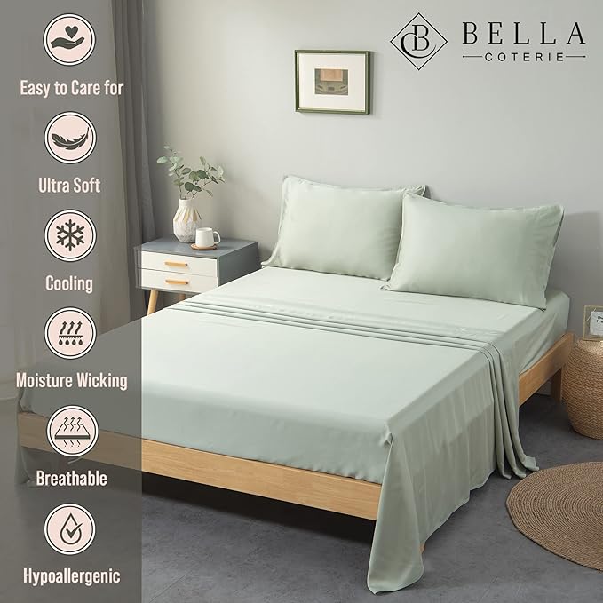 Bella Coterie Luxury Bamboo Viscose Cal King Size Sheet Set | 100% Organically Grown | Ultra Soft | Cooling for Hot Sleepers | 18" Deep Pocket [Sea Glass]