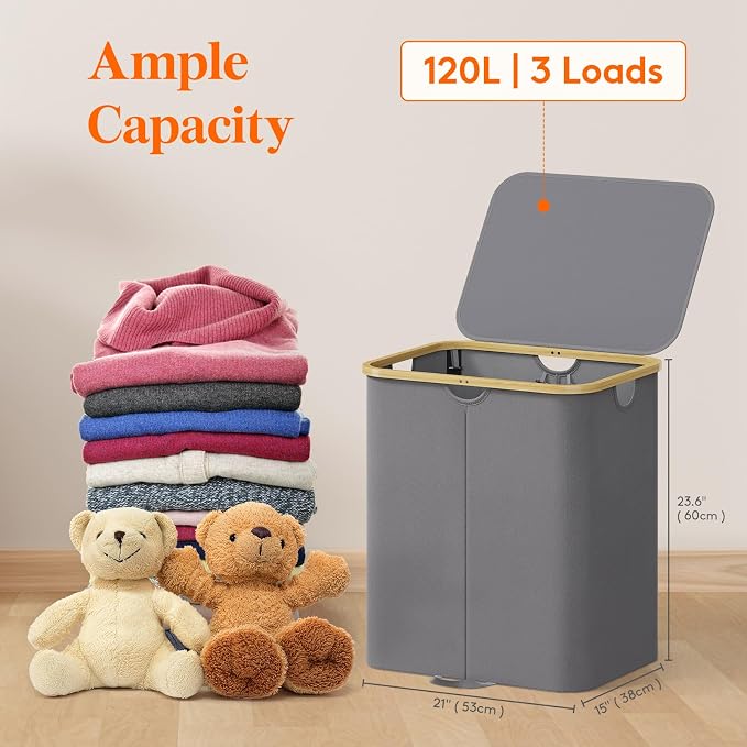 Lifewit 120L Double Laundry Hamper with Lid, Large Laundry Basket with Removable Bag & Bamboo Handles, Fodable Tall Dirty Clothes Hamper for Laundry Collapsible Bin for Bathroom Bedroom, Charcoal Gray - Image 2