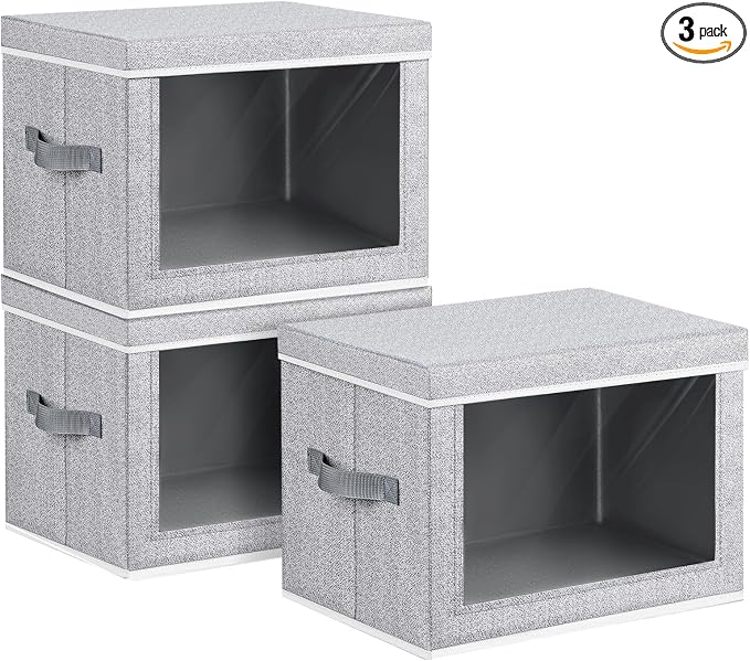 Homsorout Large Storage Baskets Bins with Lids - Stackable Cube Bins for Closet, 3 Pack Windows Organizer Bins, Home Organizers and Storage for Clothes, CD, Towels, Light Grey by Homsorout