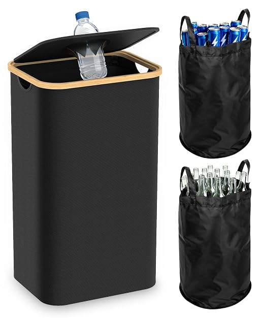 Recycling Bins for Kitchen, 26 Gallon (100L) Recycle Bin with lid, Indoor Oxford Fabric Recycling Trash Can with 2 Pack Removeable and Reusable Inner Bags for Bottle Can Glass Plastic Sticker, Black by Magicheap