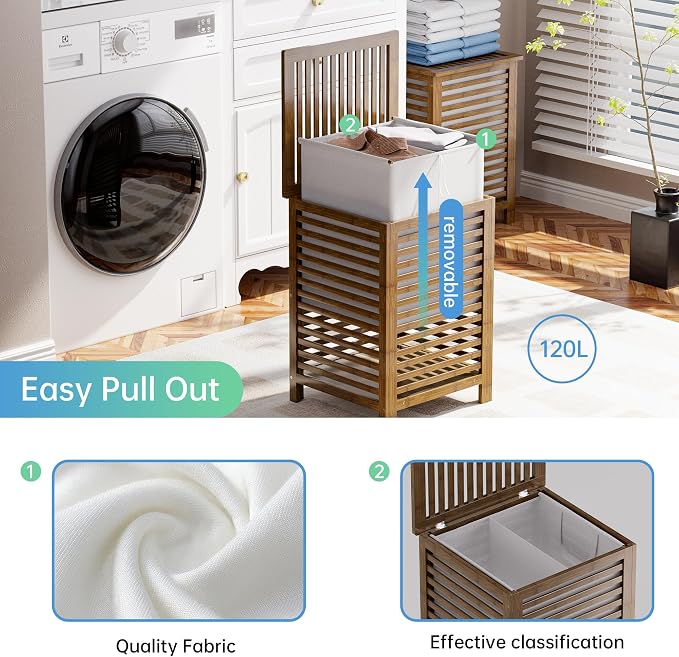 SMIBUY Double Laundry Hamper with Lid, 120L Bamboo Laundry Basket with Removable Liner Bag, 2-Section Clothes Divider Laundry Sorter for Laundry Room, Bathroom, Bedroom (Walnut) - Image 7
