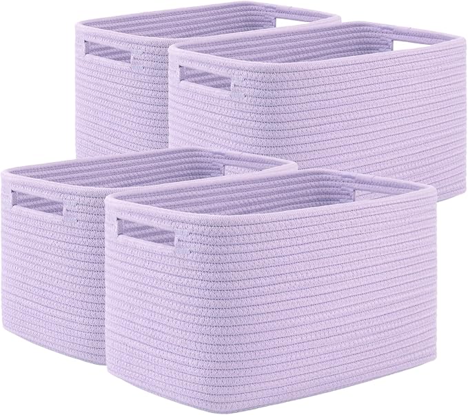 OIAHOMY 4 Pack Storage Baskets for Organizing, Cube Storage Bins for Shelves, Rectangle Storage Baskets With Handles, Woven Baskets for Storage, 12.7''Lx9''Wx7.8''H, Purple by MasterofSpaceOptimization