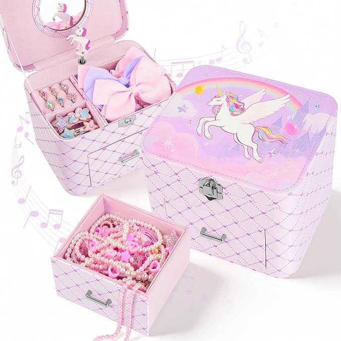 Basumee Musical Jewelry Box for Girls PU Leather Music Box with Drawer Large Kids Jewelry Organizer with Unicorn/Ballerina Jewelry Storage for Little Girls Ages 3–10, Birthday & Holiday Present by Basumee